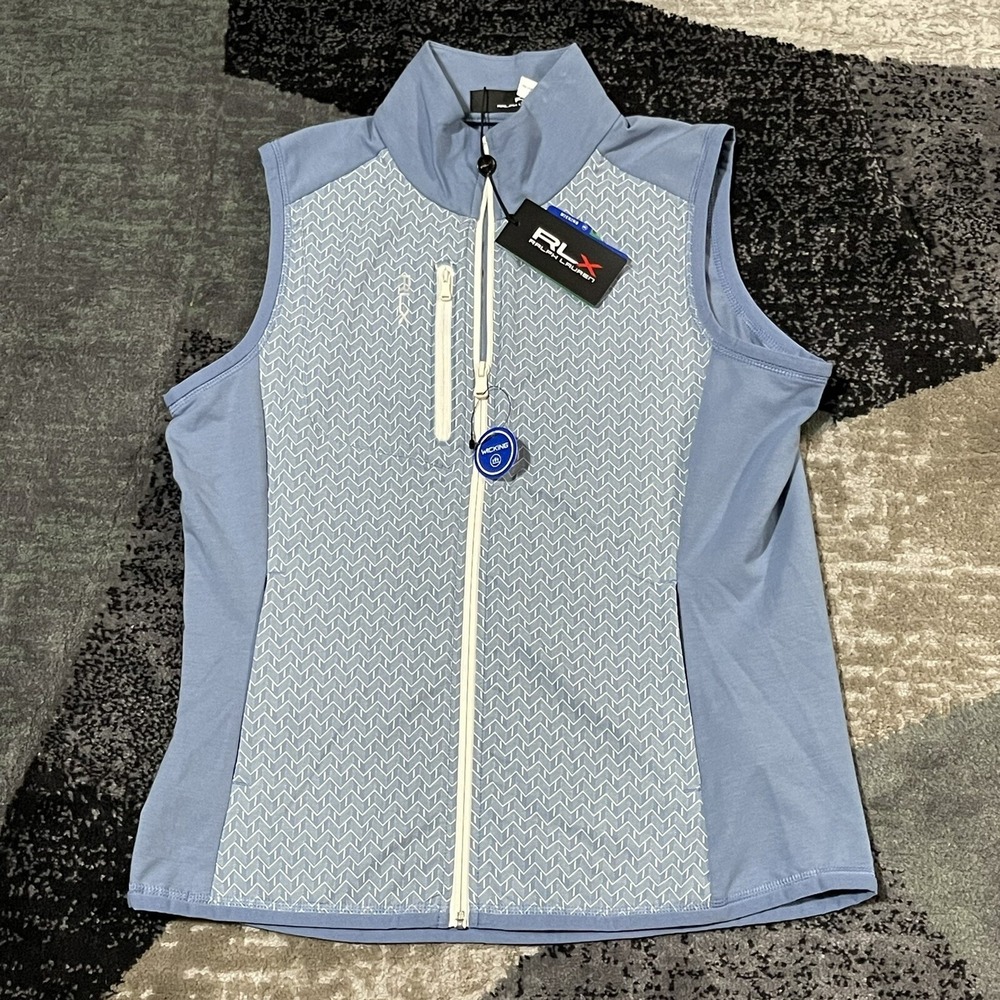 RLX Ralph Lauren Tech Terry Golf Vest‎ Women M  Blue Chevron Full Zip Jacket NEW